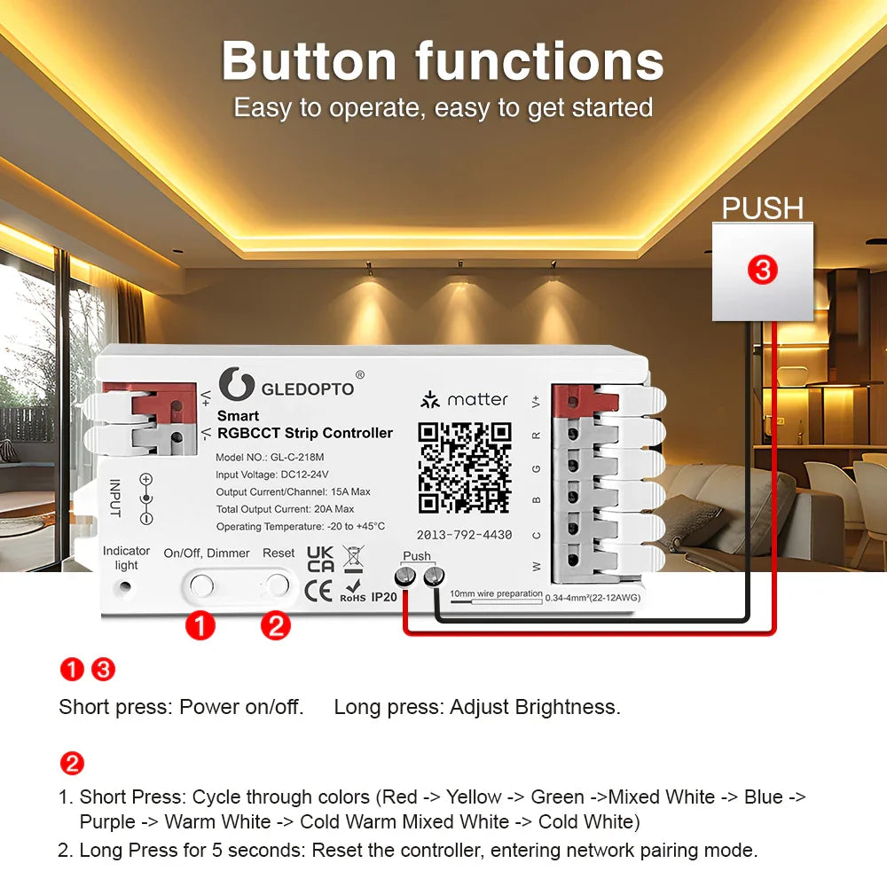 Viedais RGBCCT LED kontrolieris Gledopto Matter - Burzmart.lv
